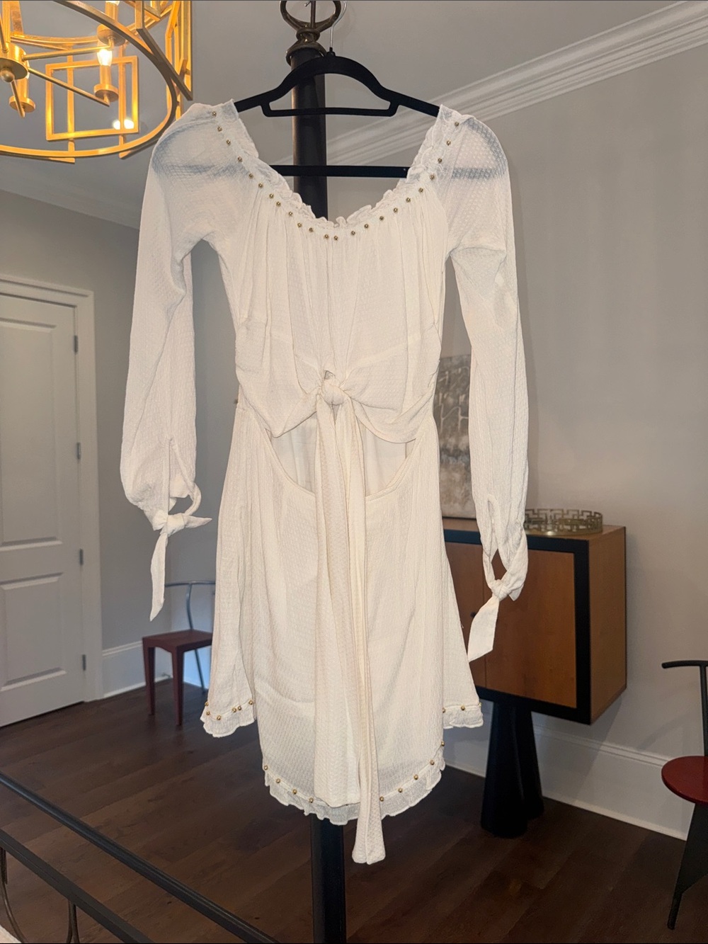 Lovers + Friends Cream Tie-Front Long-Sleeve Mini Dress